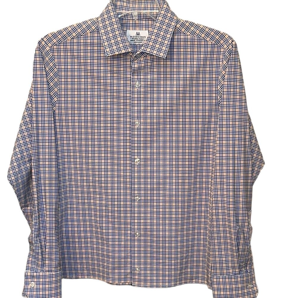 Mizzen+Main Orange Blue Plaid Long Sleeve Dress Shirt Standard Fit Medium